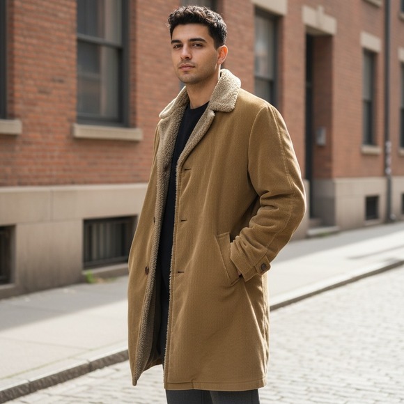 ZERO KING Vintage Brown Corduroy Faux Fur Collar Long Coat Men's Size 44L Rare - Picture 4 of 16